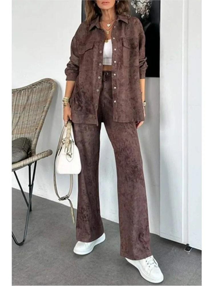 

Casual Lapel Long Sleeve Suit Autumn Winter Fashion New Pocket Shirt Drawstring Wide Leg Pants Elegant Office Two-piece Sets