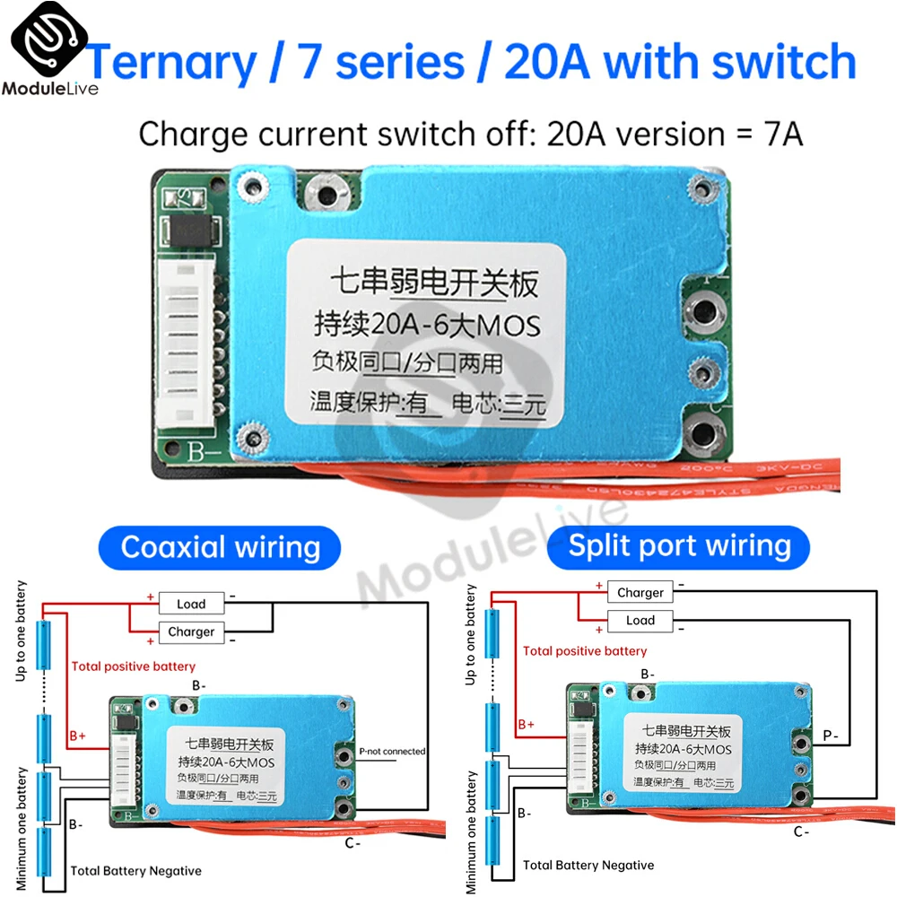 

7S 29.4V 20A 18650 Li-Ion Battery Protection Plate Split Port Same Port Charging Protection Module Balanced Temperature Control