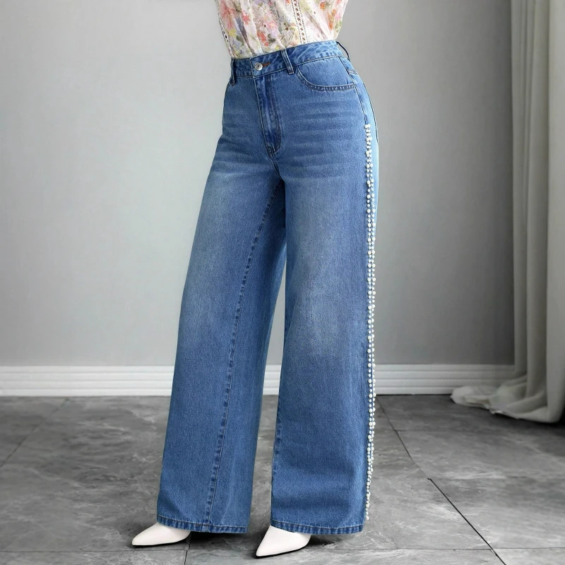 

Women Solid Denim Pants Pearls Spliced Long Pant Pockets Casual Straight Trousers Jeans Office Lady Elegant Simple Autumn Winter