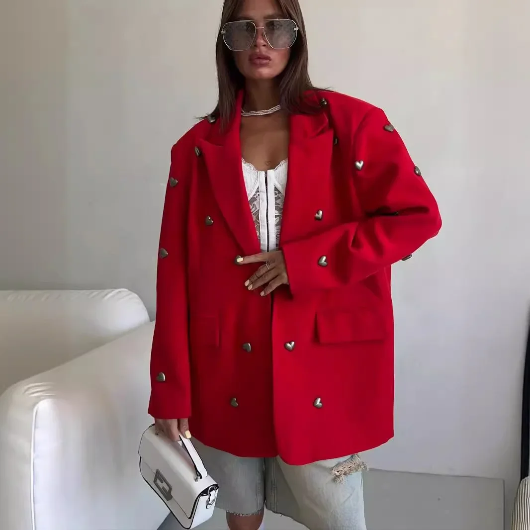 China Red Love Decorative Blazer Women's 2025 Spring and Autumn Casual Lazy Style Thin High-end Suit Top