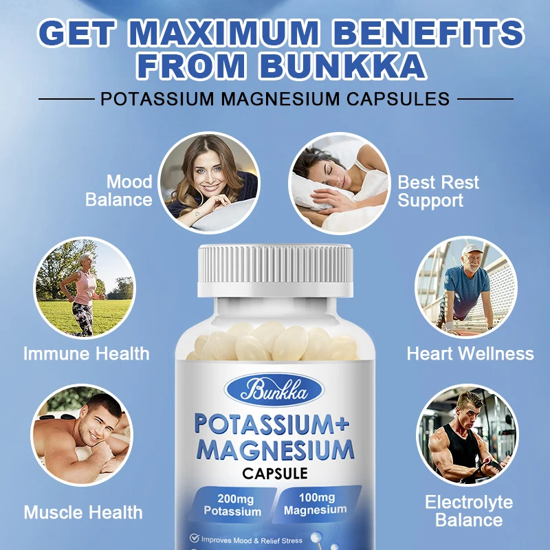 Bunkka Potassium Magnesium Capsules Magnesium Citrate High Absorption Bone Muscle Sleep Quality for Adults Fast Fitness