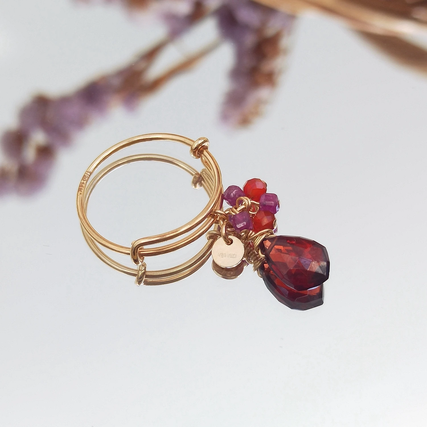 Lii Ji Garnet Ruby Carnelian American 14K Gold Filled Adjustable Ring Natural Stone Handmade Jewelry