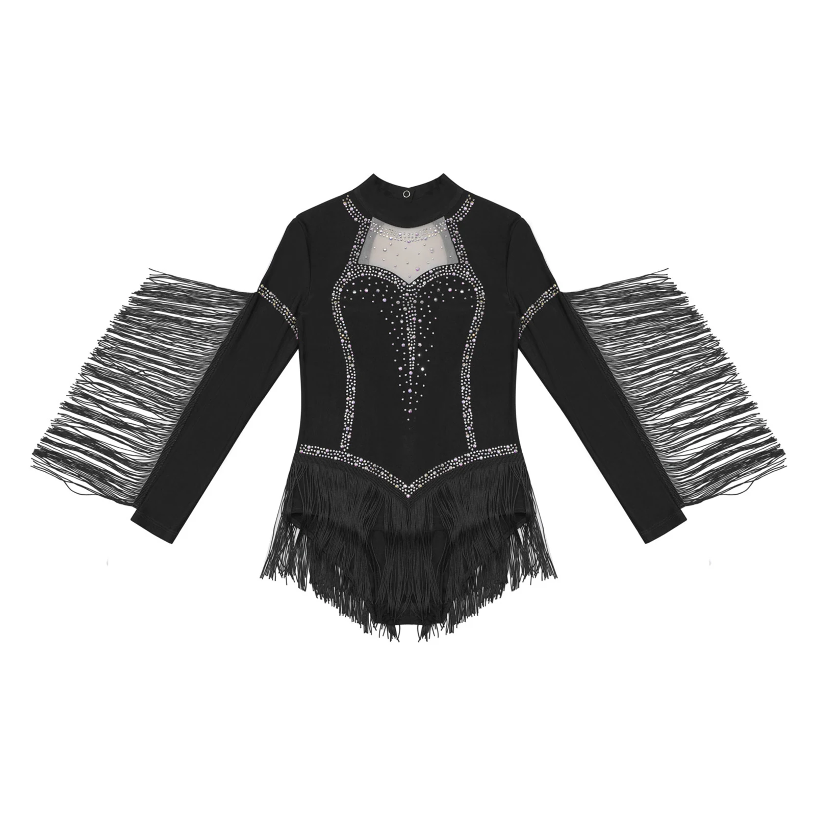 Girls Fringe Latin Ballet Dance Jumpsuit Long Sleeve Rhinestones Tassels Figure Skating Gymnastics Leotard Tango Cha-Cha Costume