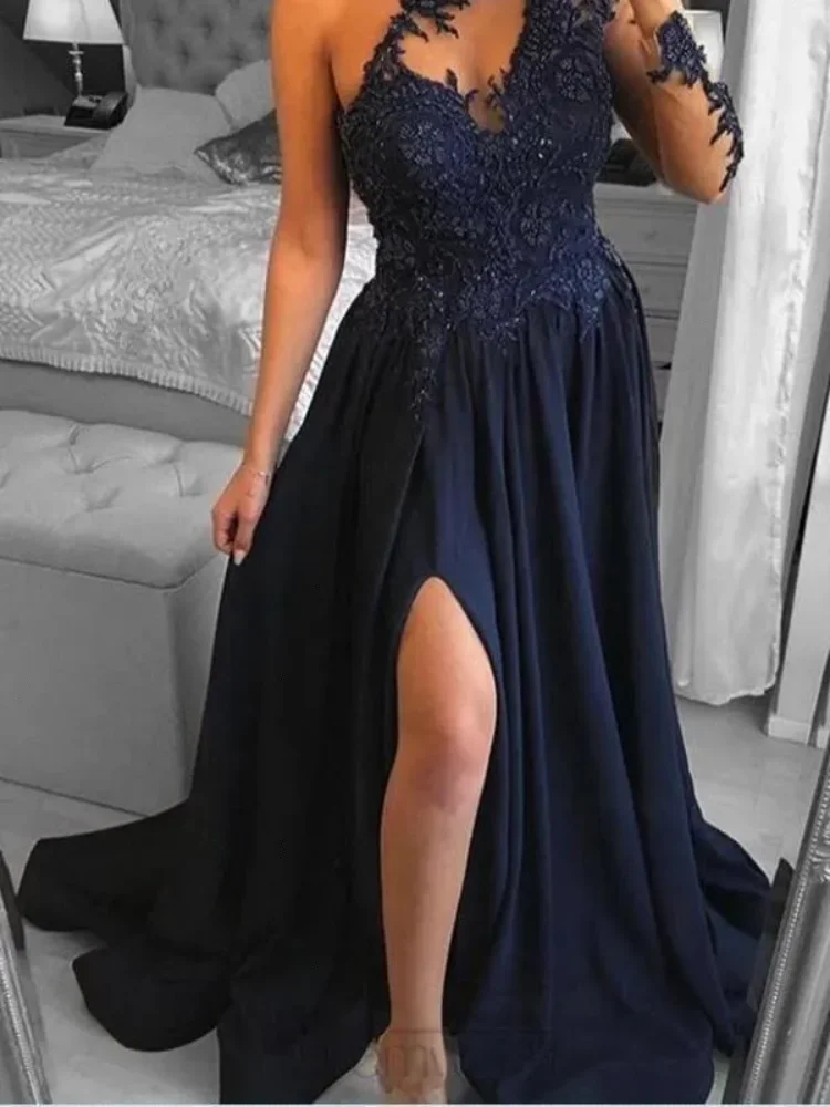 Abiti da sera in chiffon di pizzo blu navy con spacco frontale A Line Appliques Abiti da ballo a maniche lunghe trasparenti con collo gioiello personalizzati