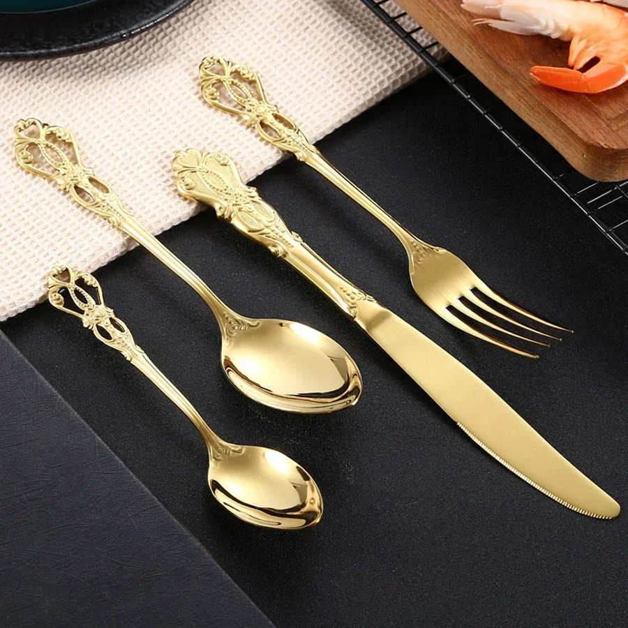 

24/32pcs Gold Dinnerware Set Stainless Steel Royal Spoon Forks Knives Kitchen Cutlery Western Dinner Silverware Tableware Gift