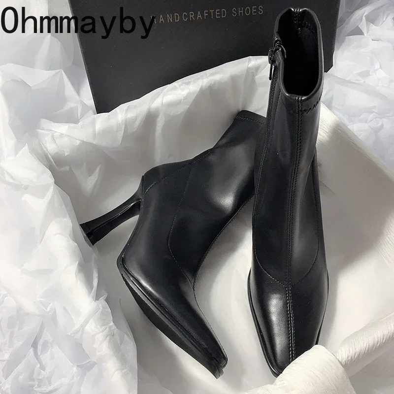 Botines de tacón alto fino para mujer, Botas cortas de punta estrecha, zapatos elegantes de felpa, invierno, 2024