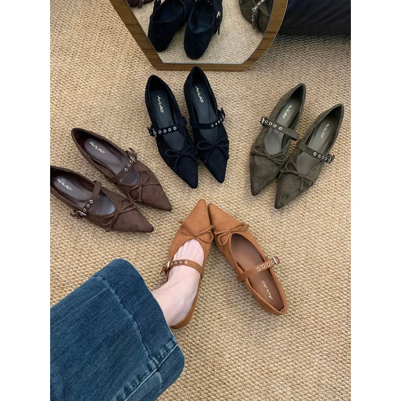 Elegant Pointed Toe Suede Hidden Wedge Flat Bow Mary Jane Shoes Women 2026 New Soft Sole