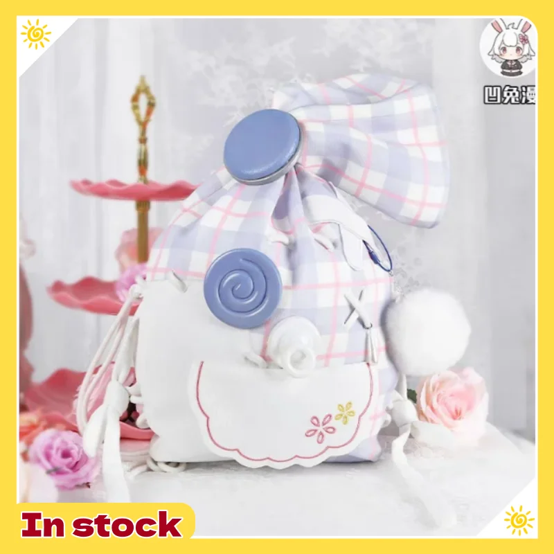 

Infinity Nikki Cosplay Drawstring Backpack Plaid Large Capacity Pom Pom Decoration Daily Use For Anime Lovers In Stock