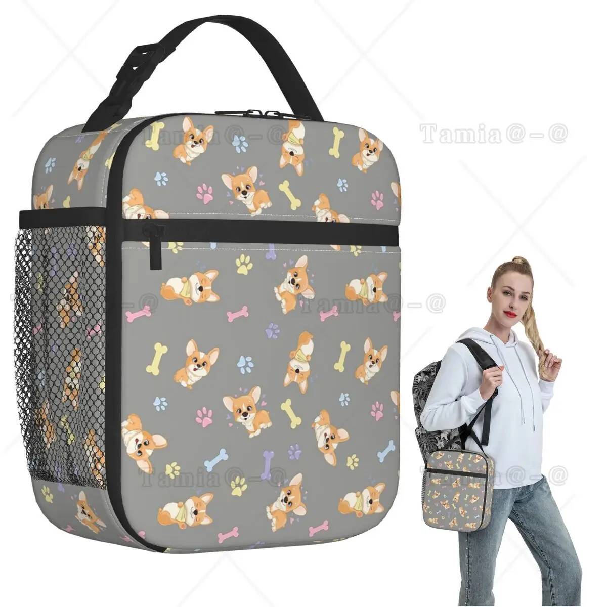 Cute Corgis And Footprint Pattern Insulated Lunch Bag for Women Children Leakproof Food Boxes Thermal Lunch Box Tote