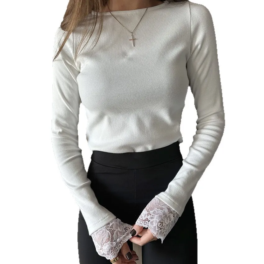 المرأة لطيف الحد الأدنى قميص أبيض عمودي مضلع بسط متماسكة طاقم الرقبة طويلة الأكمام الدانتيل الكفة مكتب عادية