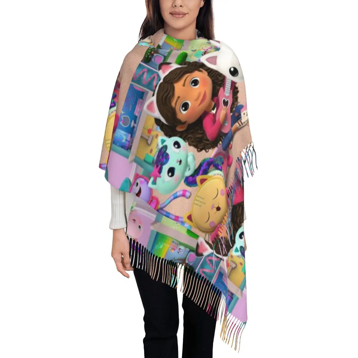 

Kawaii Gabby Dollhouse Cartoon Scarf for Women Warm Winter Pashmina Shawl Wrap Long Scarves with Tassel Ladies