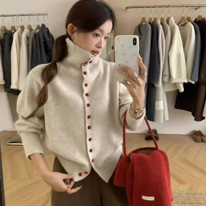 

New Turtleneck Red Button Sweater Women's Elegant Lazy Style Knitted Cardigan Coats Casual Chic Streetwear Female Knit Outerwear