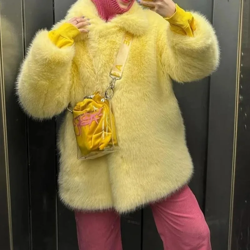 

Женские пальто из искусственного меха, куртки средней длины с длинным рукавом и отложным воротником, с открытой строчкой, свободный крой, повседневные офисные женские куртки 202, осень-зима