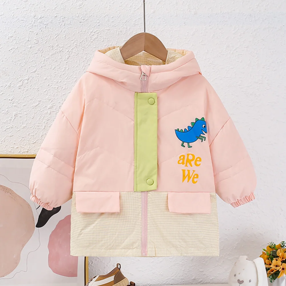 Winter New Hooded Thickened Cartoon Color Block Coat with Velvet and Windproof Warm Fashion Versatile Coat