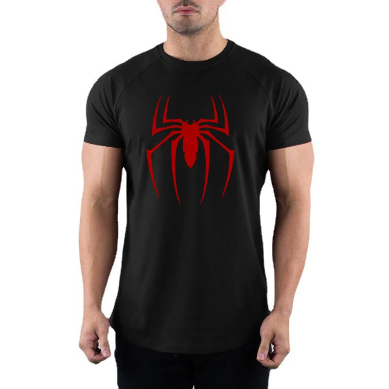 Red Spider Printed Short Sleeve Sport Clothing Gym Bodybuilding Workout Shirts Mens Fitness Muscle Cotton Breathable T-shirts