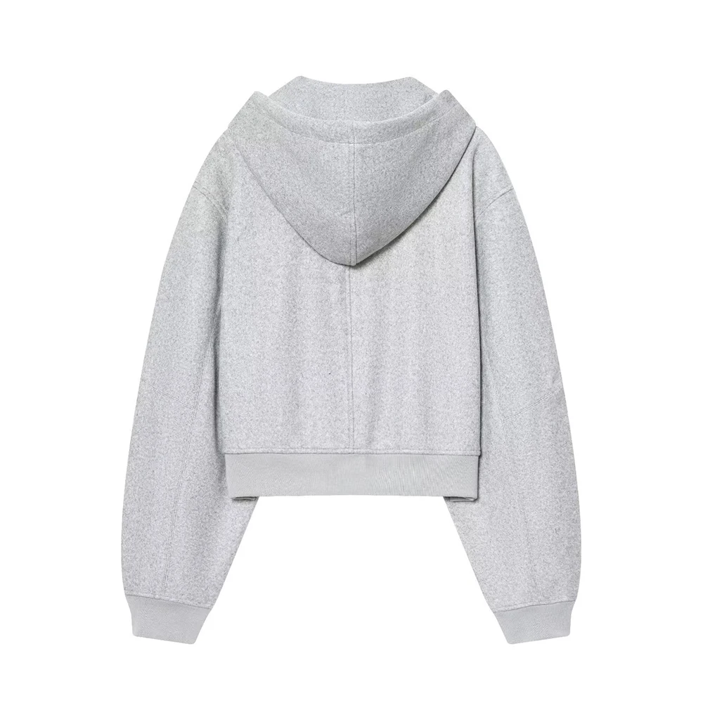 Light Gray Wool Blend Fabric Hooded Sweatshirt Zipper Design Coat Simple Long Sleeve Coat Daily Commute Casual Women Outerwear