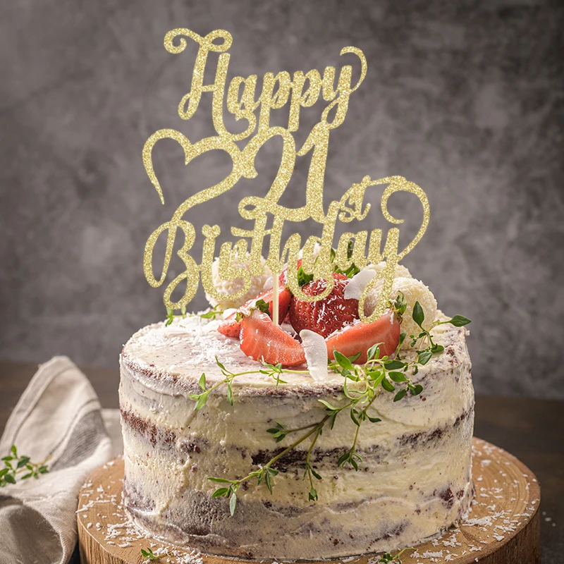 Goldglitzer-Kuchenaufsatz „Happy 21st Birthday“ – 21. Jahrestag/Geburtstag – Hallo 21, Prost bis 21 Jahre, 21 und fabelhafter Tortenaufsatz