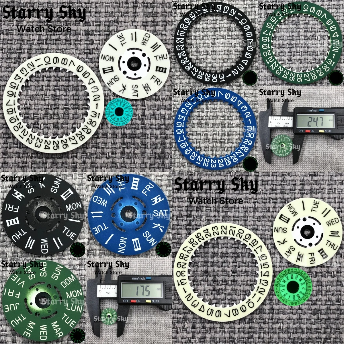 星空英語-英語中国語日付ホイールカレンダーディスク緑-青発光付きnh36ムーブメント時計アクセサリーに適しています