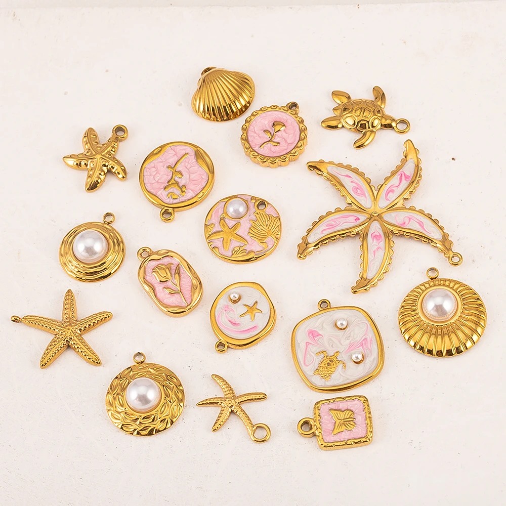 2pcs Gentle Pink Enamel Stainless Steel Charms Rose Flower Starfish Butterfly Necklace Pendant Women DIY Earring Jewelry Making