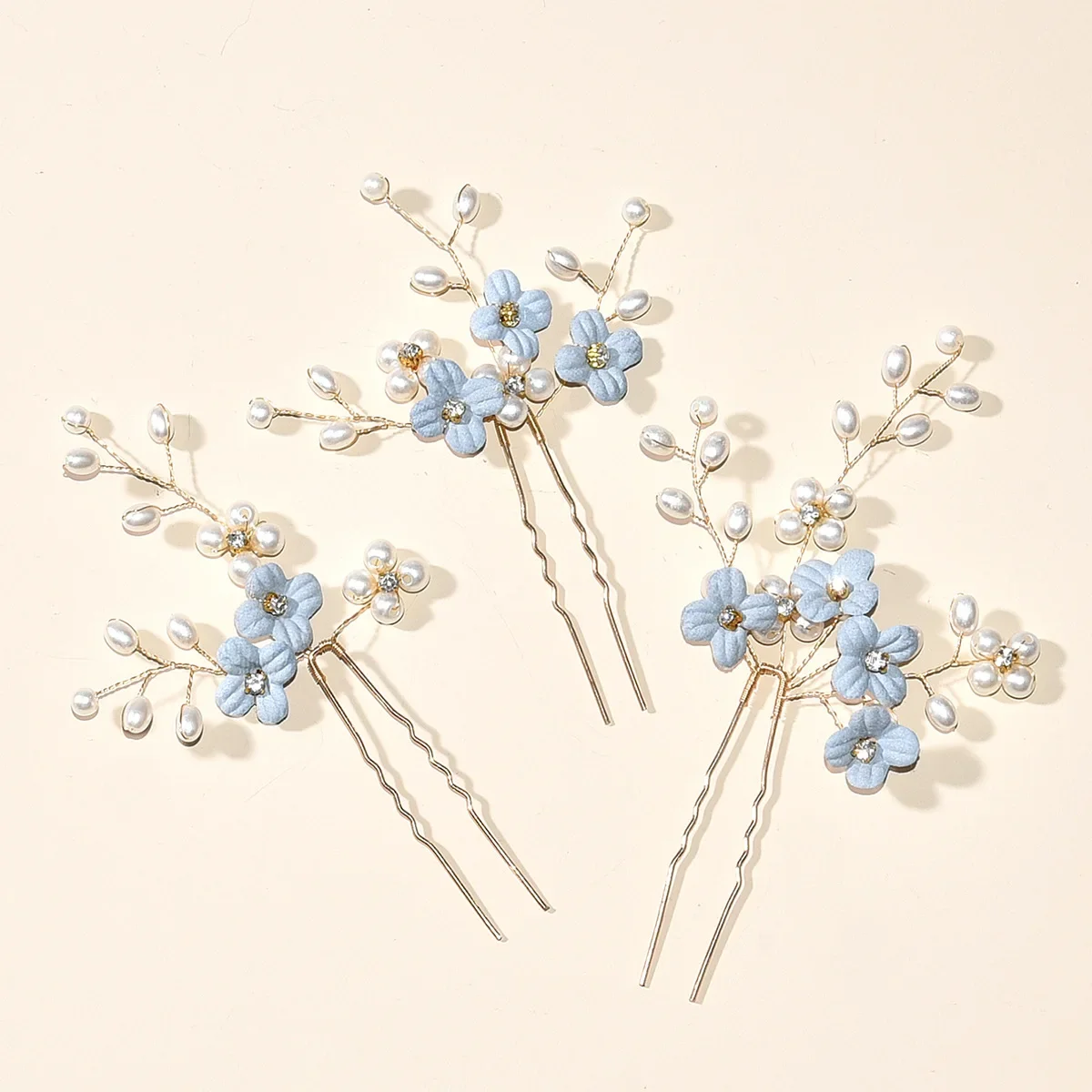 Blue Flower U Shaped Hair Pins Pearl Elegant Hair Clips Headwear for Wedding Bridal Hairclip Women Hair Jewelry Accessories