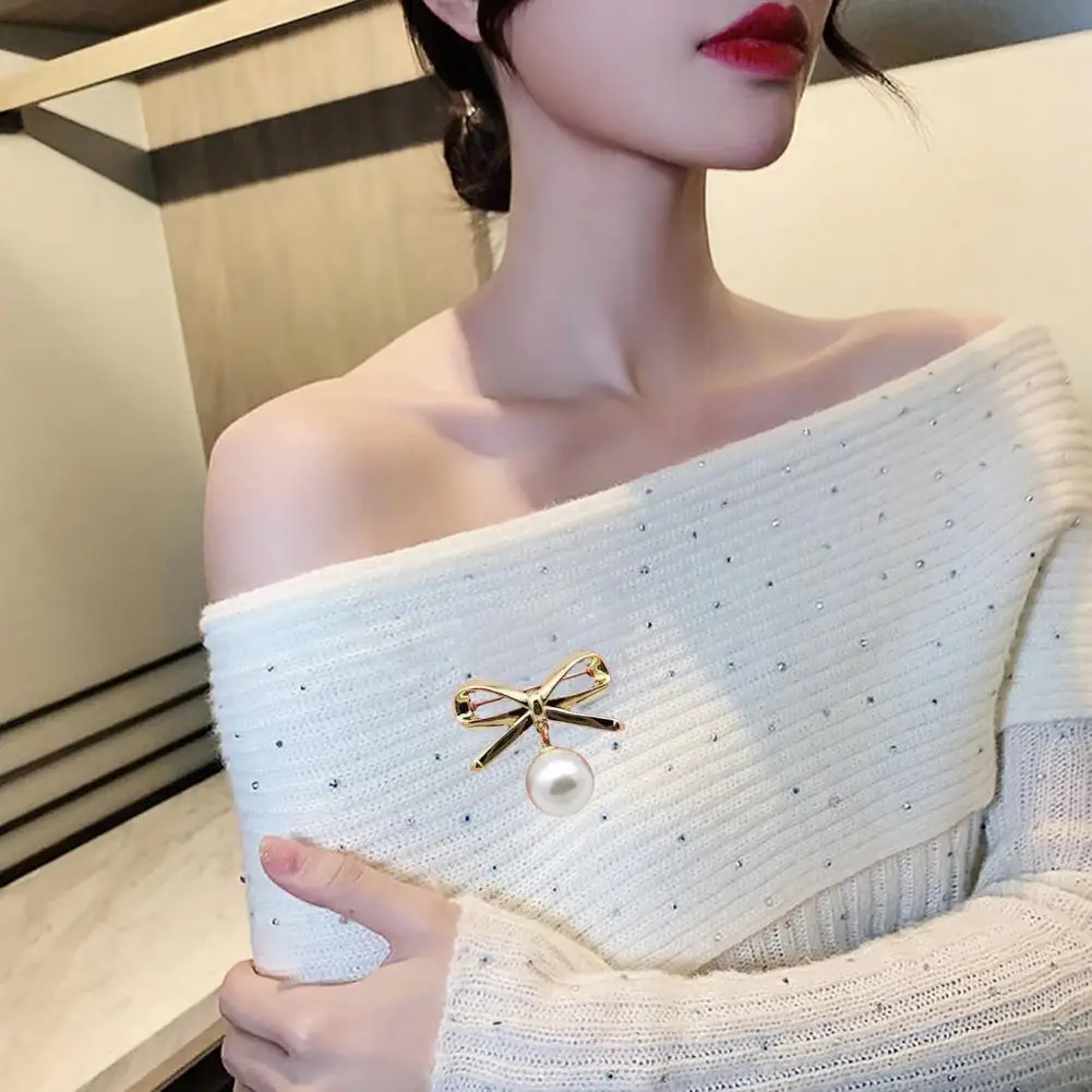 Elegant Pearl Rhinestone Bowknot Brooch for Women Anti-Rust Anti-Exposure Shawl Pin for Wedding Party Formal Outfit Decoration