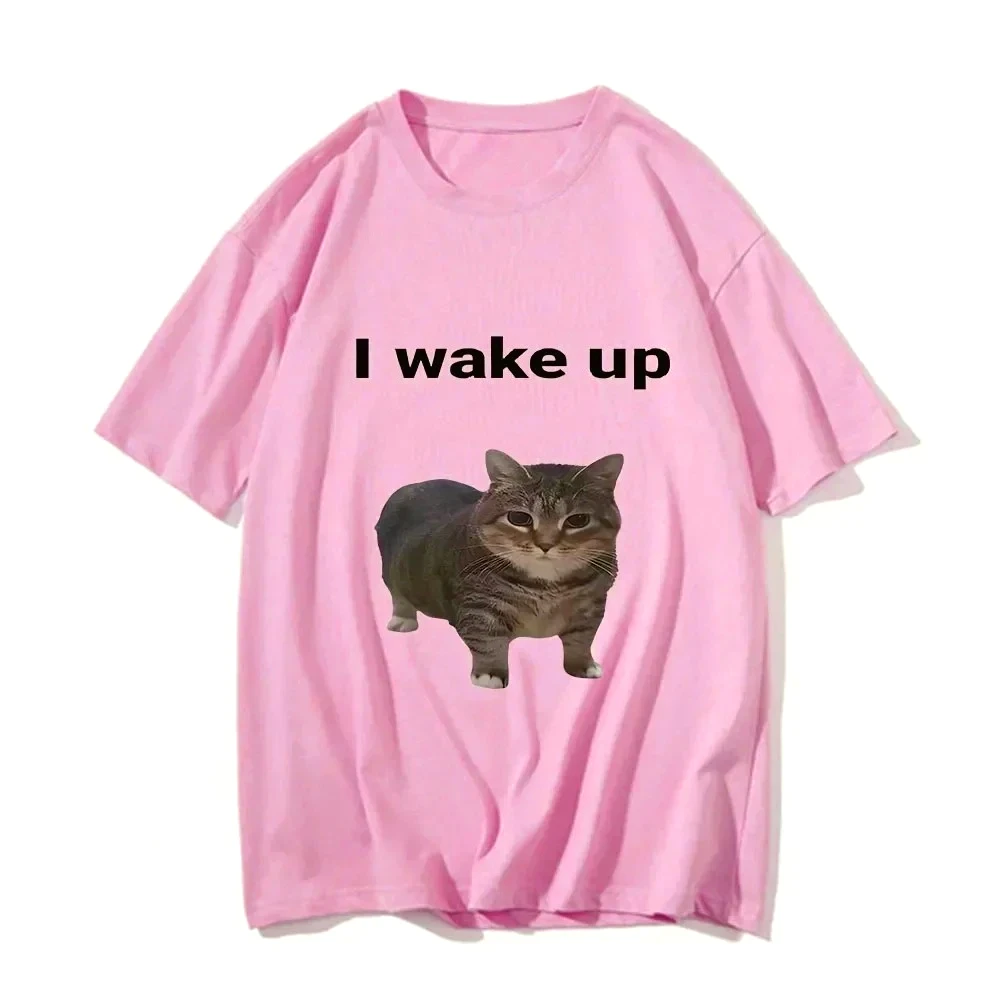 Harajuku Clothes Aesthetic Tee Vintage Streetwear Cute Cat Wake Graphic Print Funny Cool Classic Women Short Sleeve Crewneck Tee