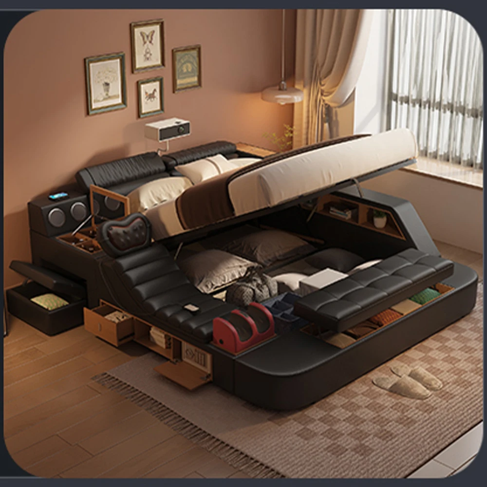 Luxury Tech Smart Multifunctional Bed with Massage Chair, Speakers, Projector, USB – Modern Upholstered King Size Ultimate Bed