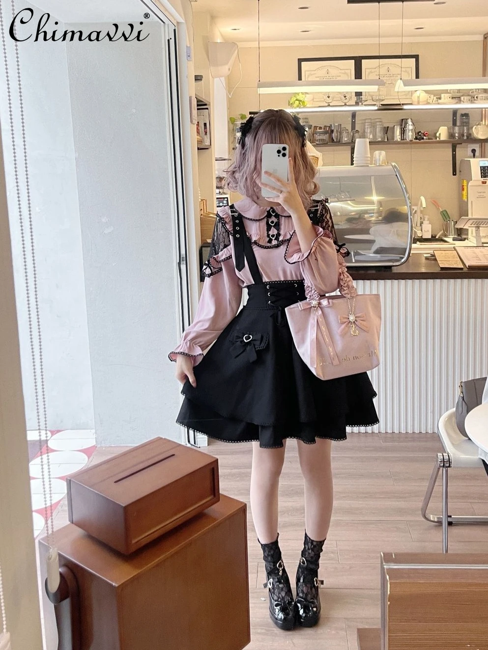 Japanese Mine Series Mass-Produced Sweet Girl Black Pink Bow Long Sleeve Shirt Slim A-Line Skirt Two-Piece Set Women's Outfits