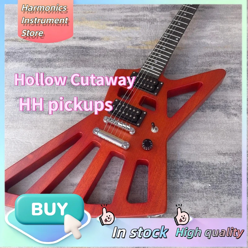 Hollow Cutaway Explorer Angular Electric Guitar Red Brown Matte HH Pickups Lightweight Viral Hot Selling Metal Fork Guitar