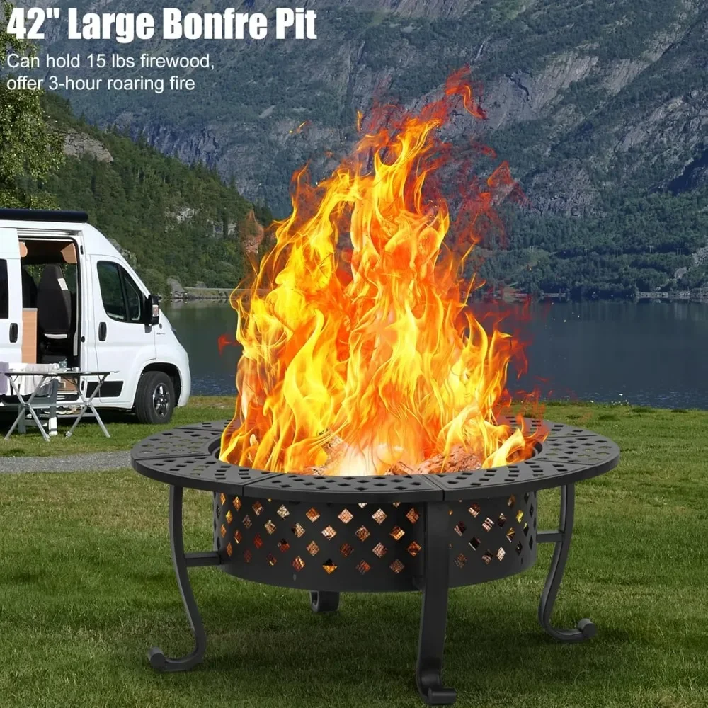 42 Inch Fire Pit with 2 Barbecue Grills, Outdoor Fire Pit and 3-in-1 Circular Metal Table for Barbecue and Outdoor Use