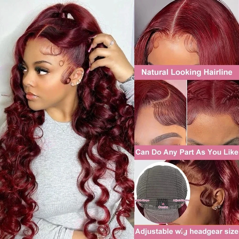 

Loose Deep Wave Burgund 99J Colored 13x4 Lace Frontal Human Hair Wig Curly Wave Lace Front Wig PrePlucked With Baby Hair 34 Inch