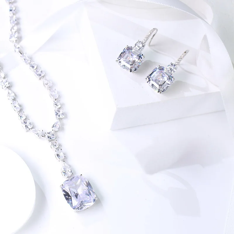 Designer Collection Style Earrings Necklace Women Inlay White Yellow Square Zircon Tassels Pendant Jewelry Sets