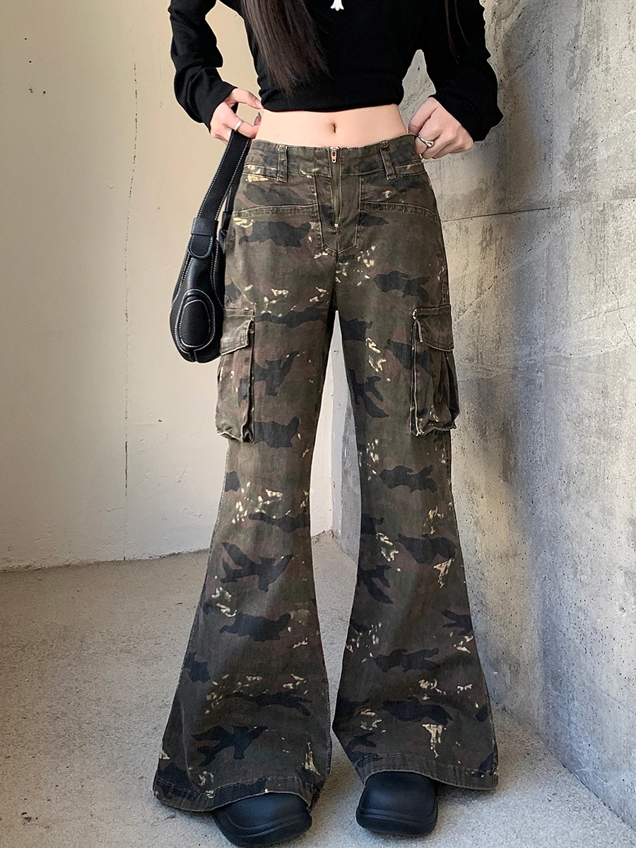 ReddaChic Women Distressed Camouflage Flare Jeans High Waist Big Pockets Wide Leg Bootcut Cargo Pants Retro Harajuku Streetwear