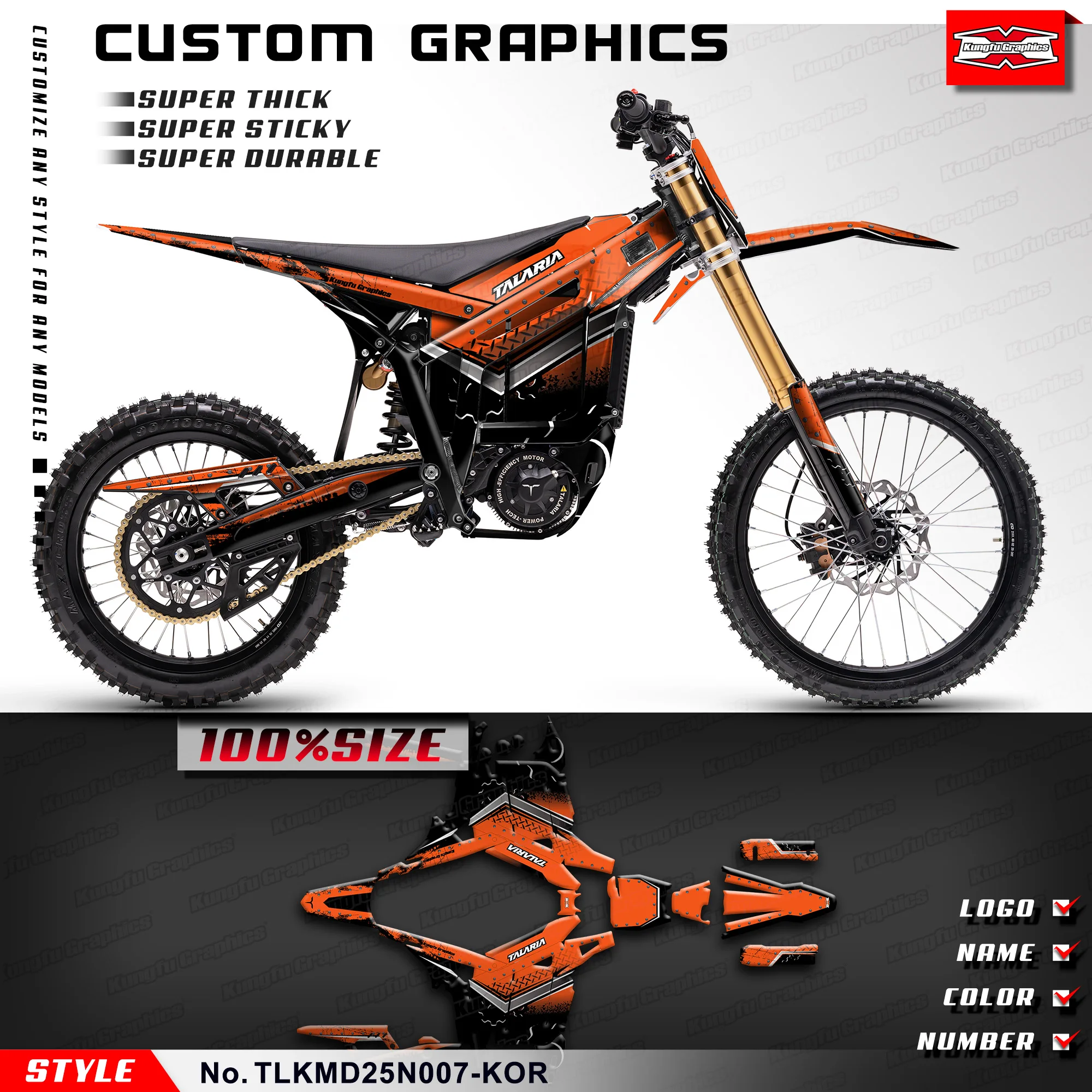 

KUNGFU GRAPHICS пользовательские наклейки MX эндуро мотоциклетные наклейки для TALARIA KOMODO оранжевый черный, декоративные, TLKMD25N007-KOR