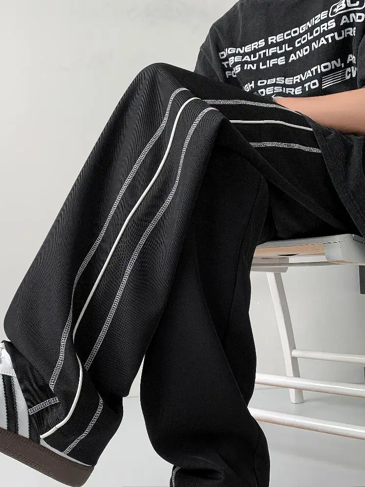 

American High Street Hiphop Men's Summer Thin Ice Silk Wide Leg Pants Straight Loose Drapey Casual Trousers Breathable Lightw...