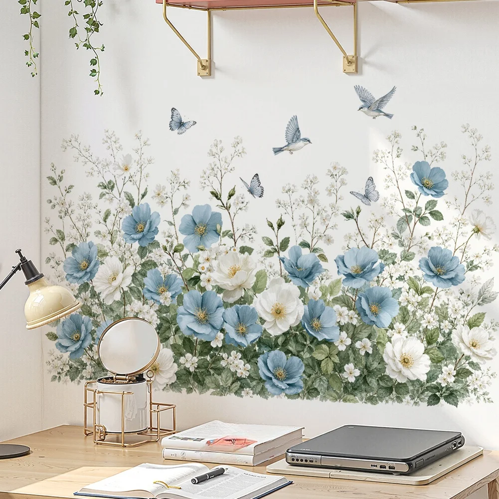 Dreamlike Floral Wall Stickers 14.9x27.1in Removable PVC Decal Blue Flower Bird DIY Decor For Living Room Bedroom Home Decoratio