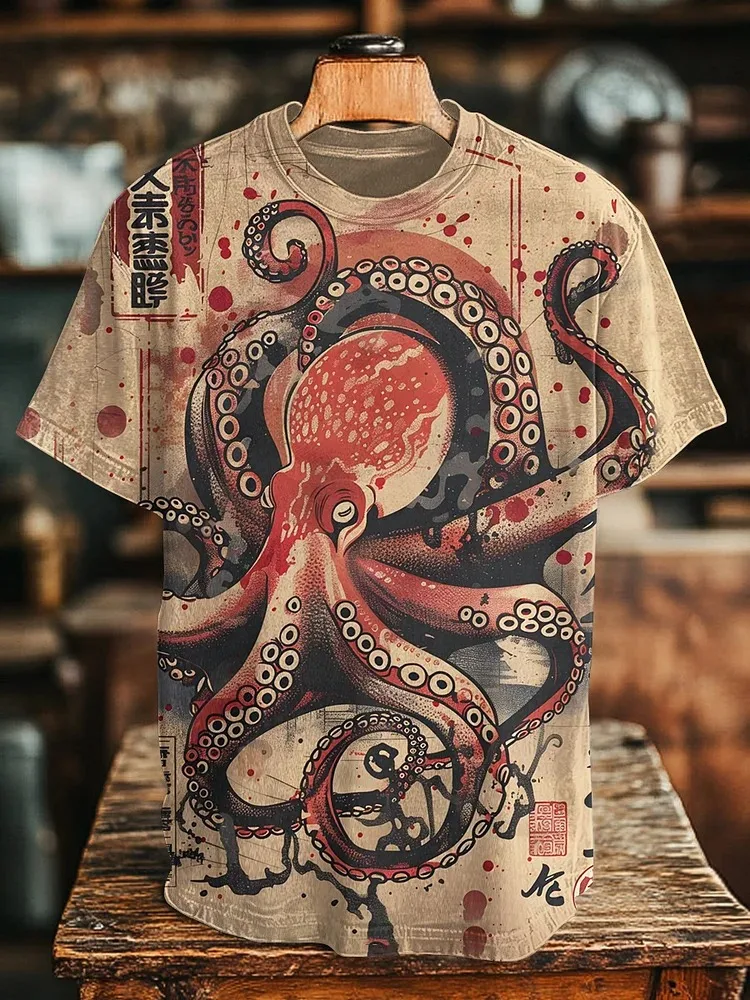 Men's Dark Octopus Japanese Art Print T-Shirt 100% Polyester Retro Printing Tops Casual Loose BIG Painting Oversized Tunics Tees
