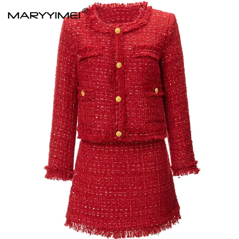 

MARYYIMEI New Fashion Designer Women's Round Collar Bright Silk Tassel Edge Single-Breasted Tweed Jacket+Mini Skirt 2pcs Set