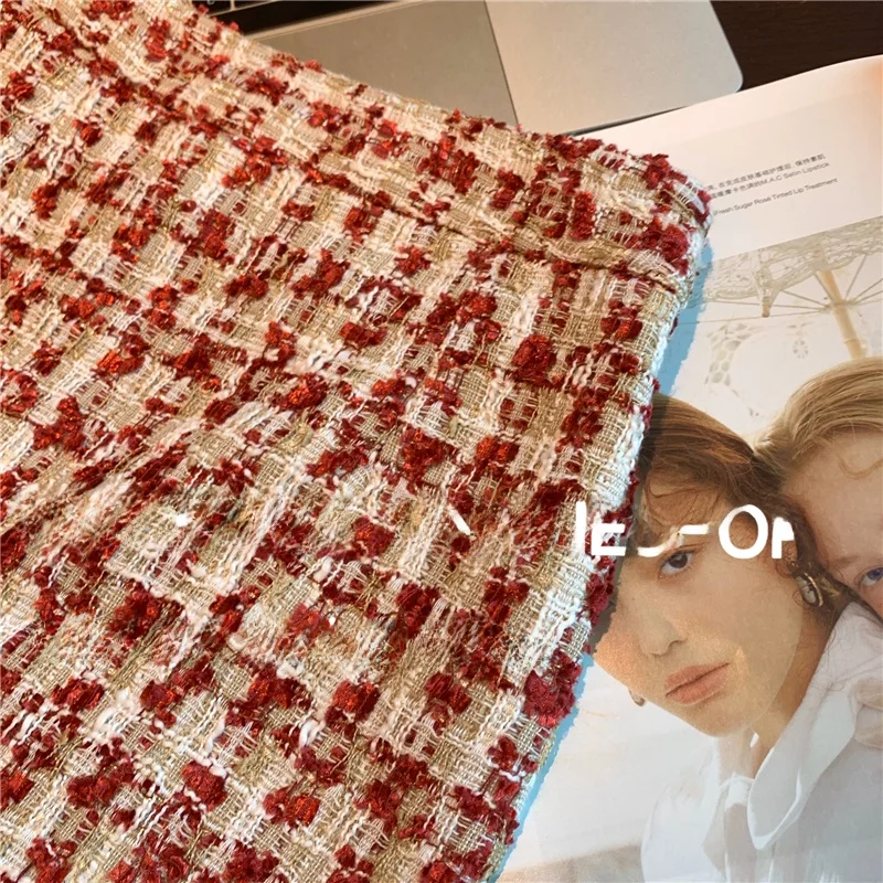 

Юбка миди с высокой талией в клетку, женская юбка А-силуэта из твида, осенняя модная юбка премиум-качества средней длины