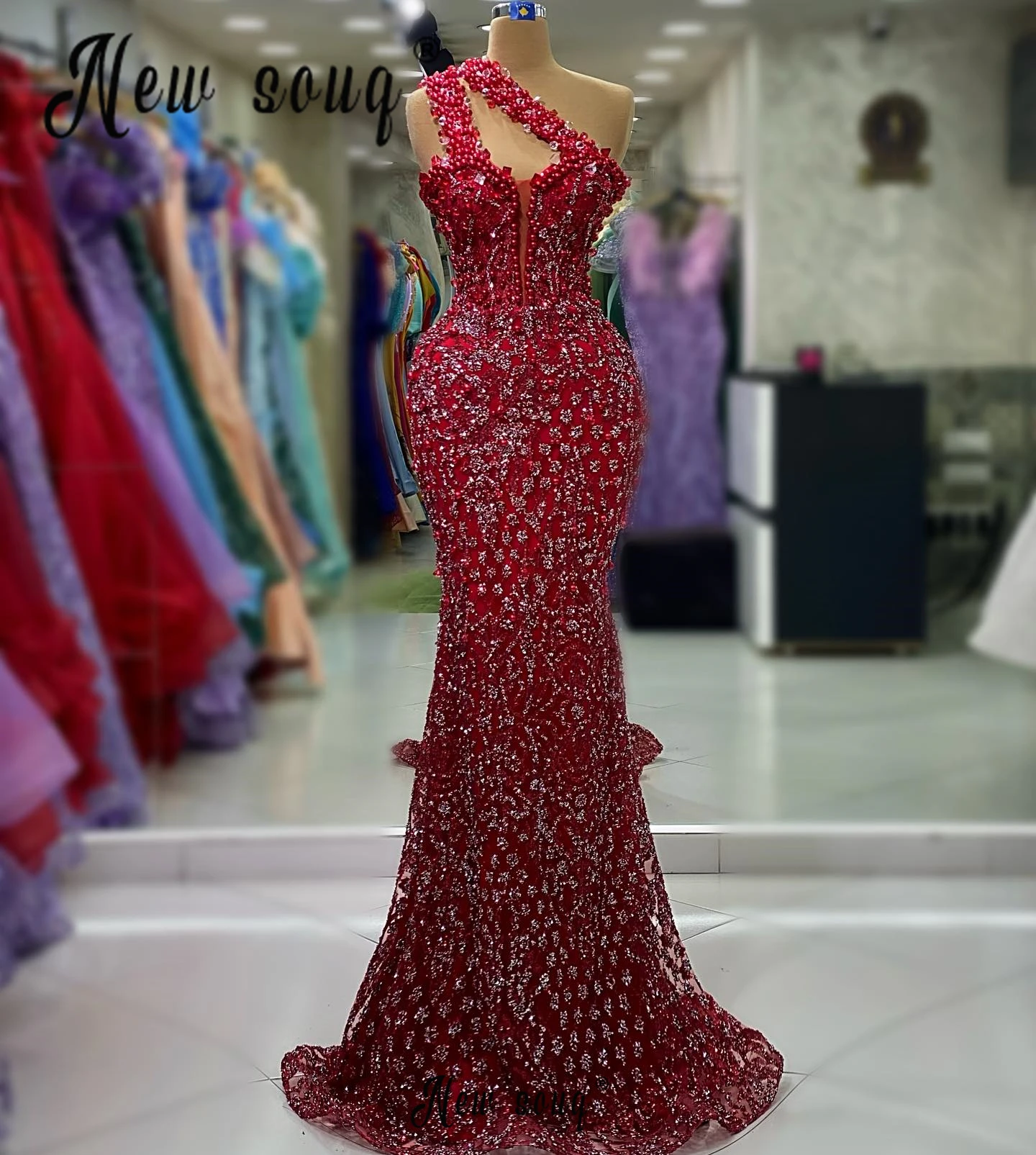 One Shoulder Strapes Red Cocktail Dress Long Mermaid Burgundy Abiye Wedding Party Dress Luxurious Women 2024 Vestidos De Gala