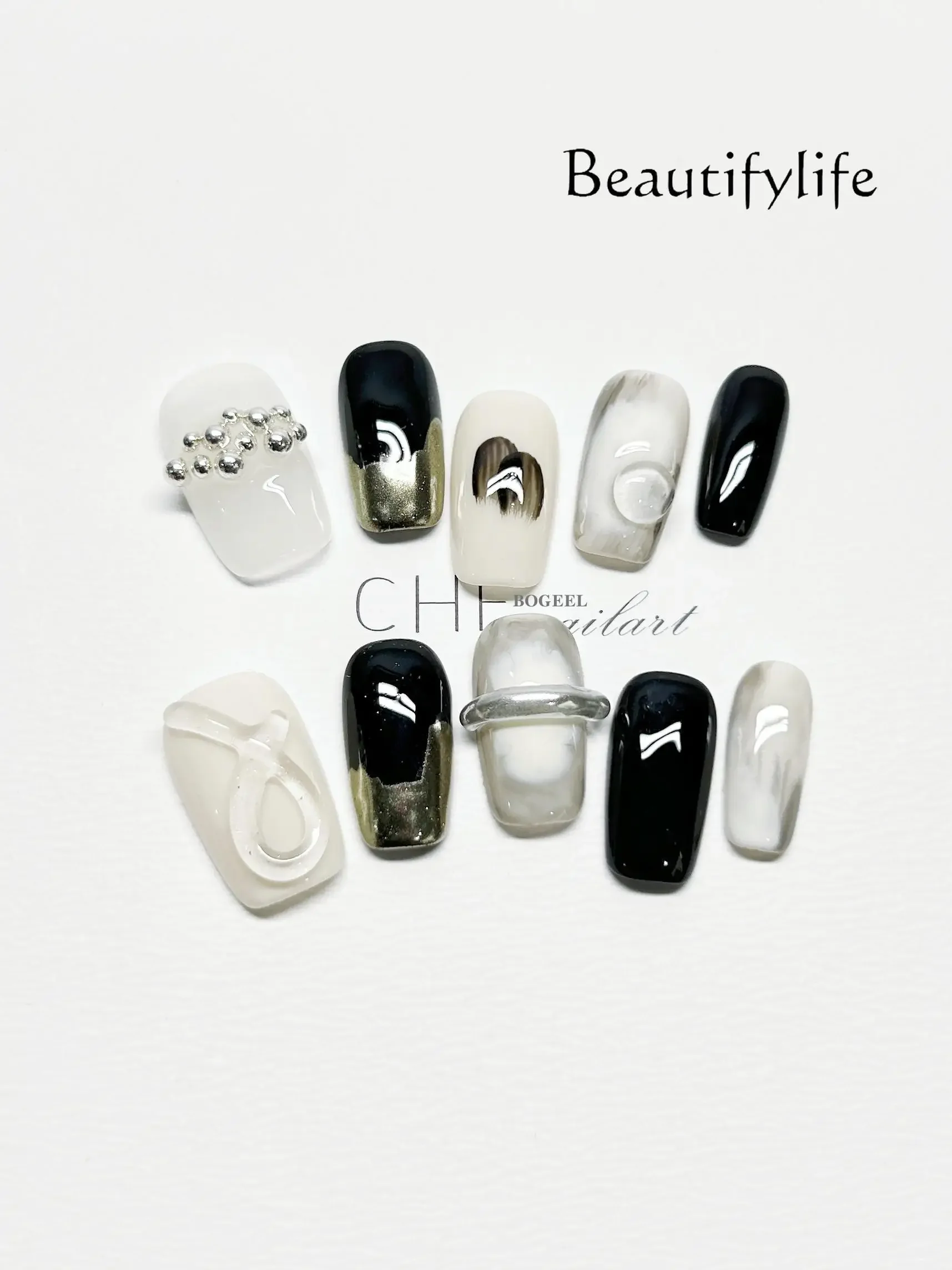 Purely hand-worn black and white ink new national style whitening nail patch