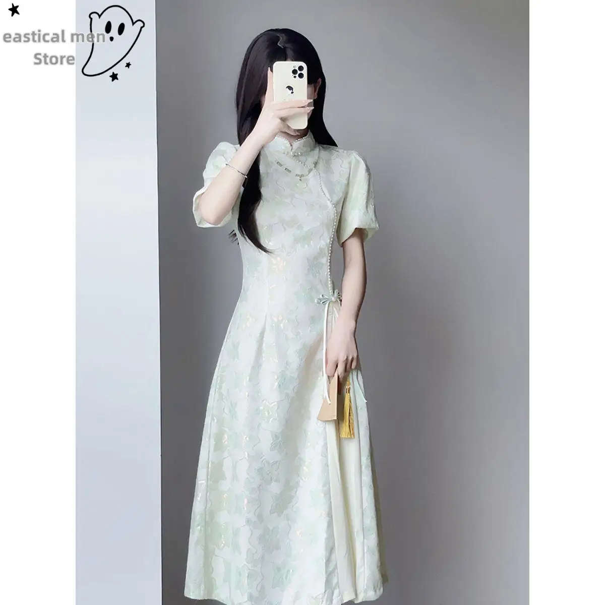Light Green Cheongsam New Chinese Style Dresses Women Elegant Flower Print Vestidos Traditional Mandarin Collar Qipao Lady Dress