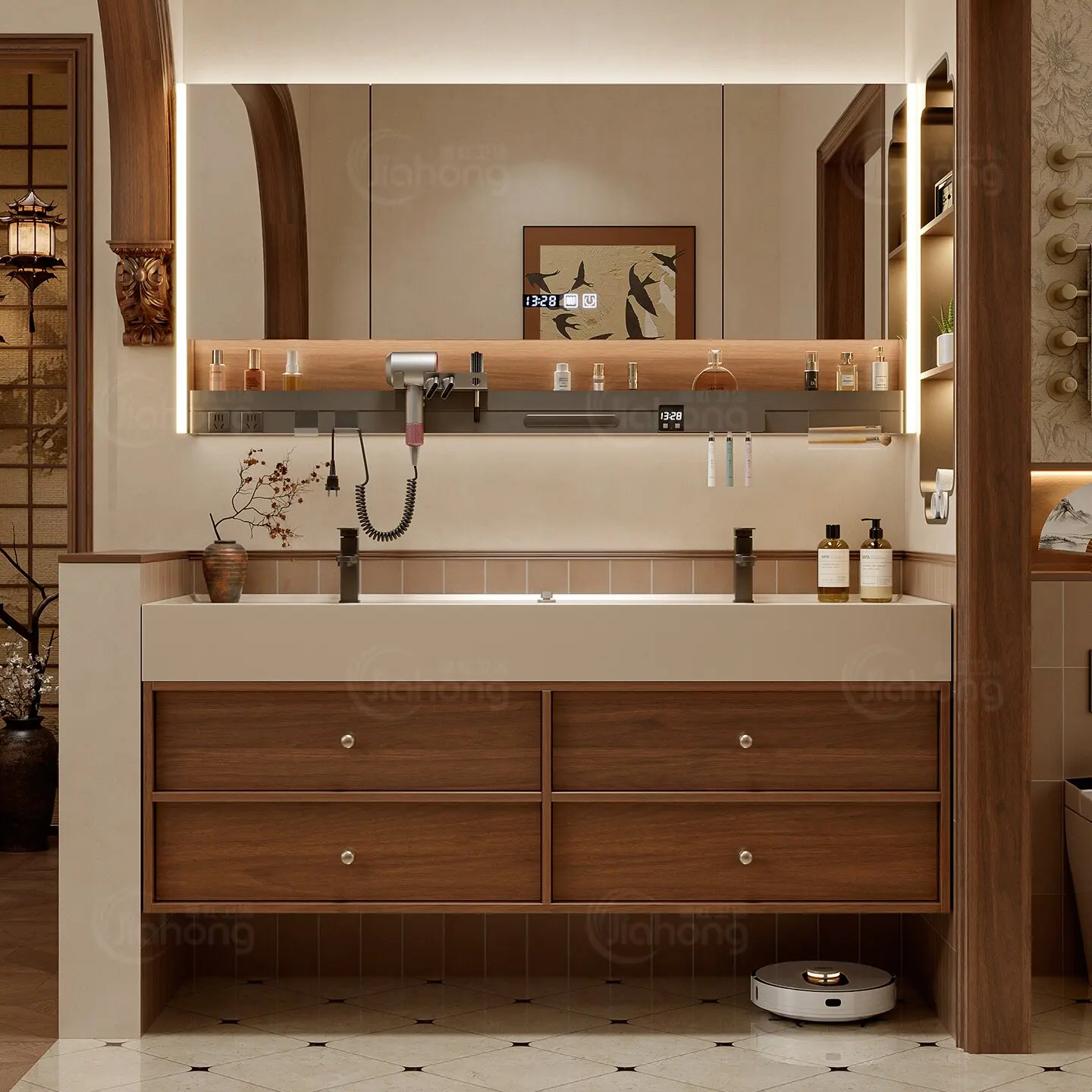 Walnut wood microcrystalline stone integrated ocean basin, washbasin, and bathroom cabinet combination