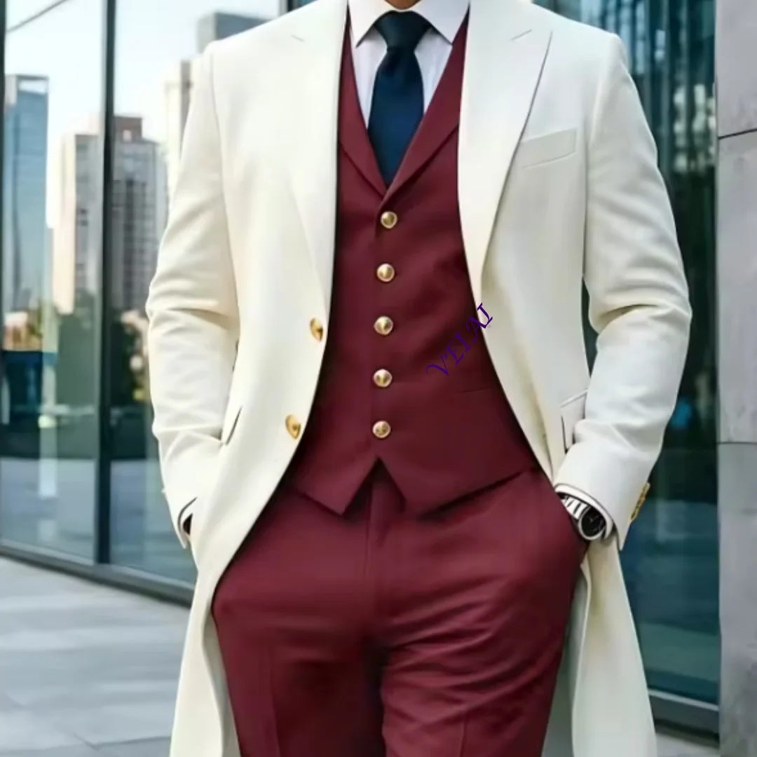 CustomizedIvory Long Blazer Men's Suits 3 Piece Set Single Breasted Wedding Dress Tuxedo Prom Slim Fit Business Suits Jacket+Ves