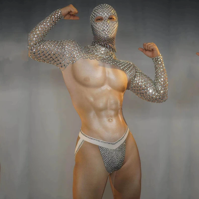 Nightclub Muscle Nude Bodysuit Rhinestone Head Cover Male DJ Gogo Dance Costume For Men Rave Outfit Festival Party Stage Clothes