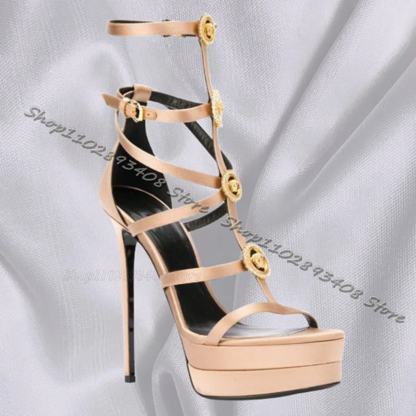 Zwart Platform Metal Decor Sandalen Open Teen Stiletto Hakken Enkelgesp Sexy Schoenen Zomer Jurk Sandalen 2023 Zapatos Para Mujere