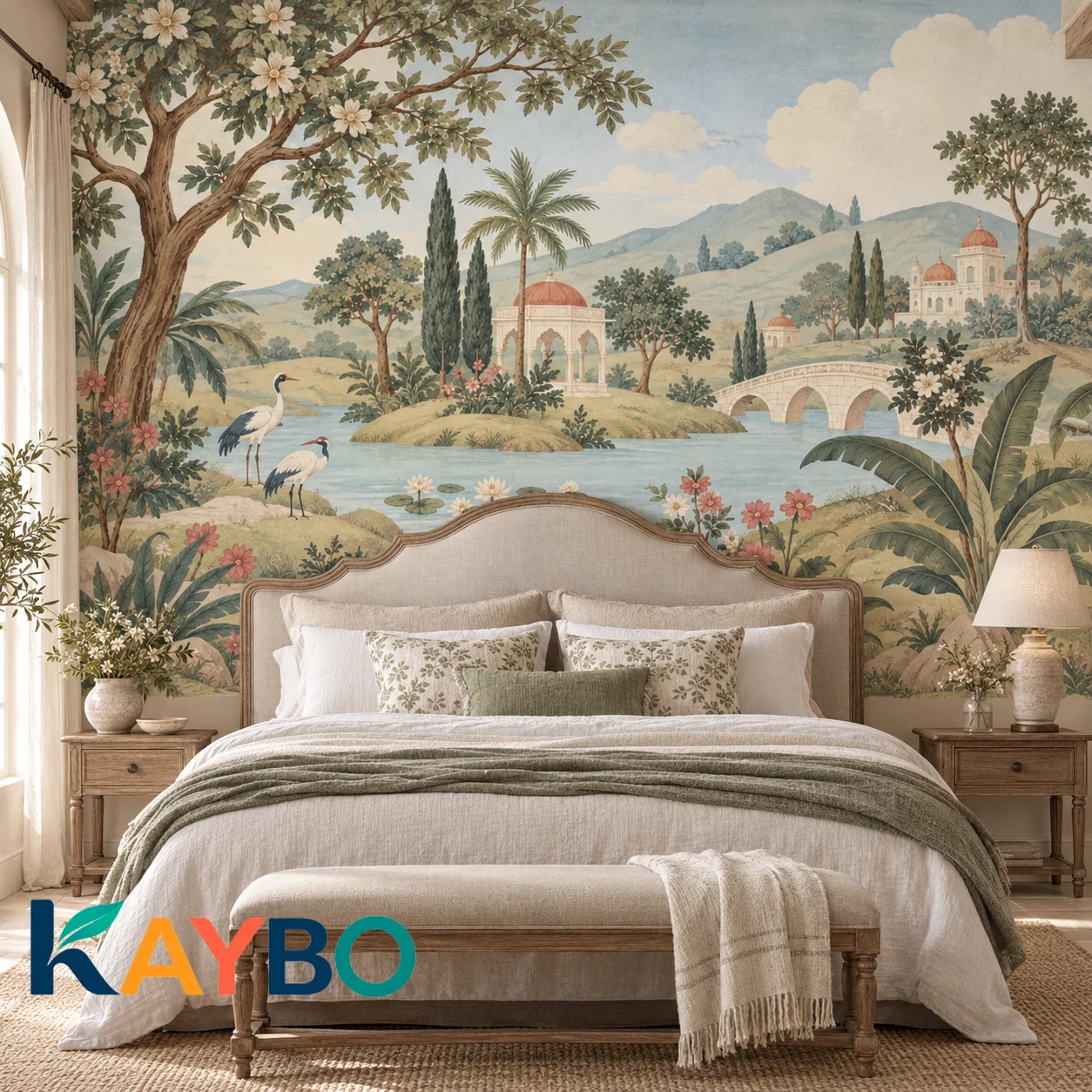 Chinoiserie Wallpaper Mural Vintage Garden Landscape Cranes Lake Floral Trees Arched Bridge Bedroom Wall Decor Non Self Adhesive