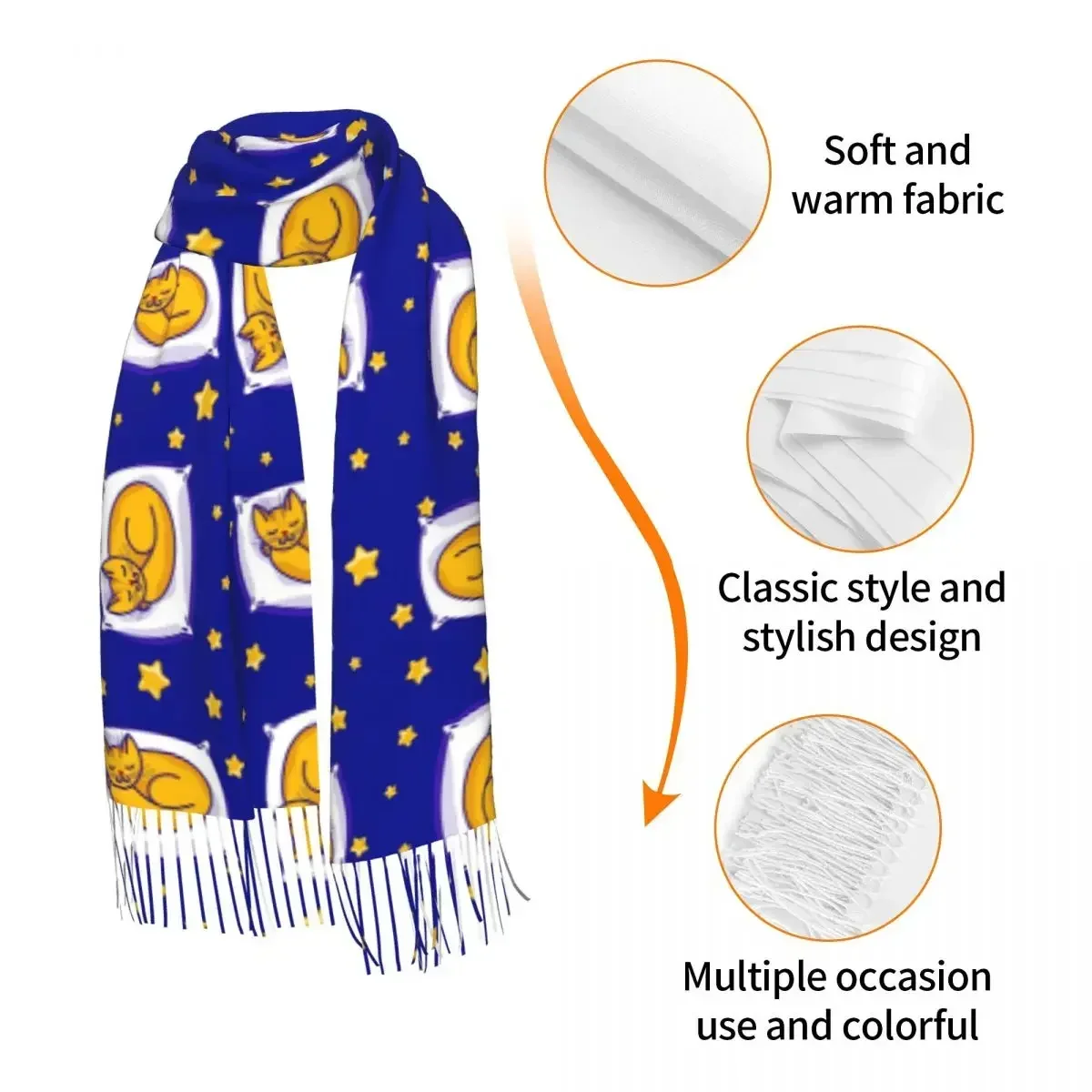 Bonito dormindo gengibre gato e estrelas no céu claro cachecol de inverno xales envoltório feminino masculino quente bufanda borla cachecóis