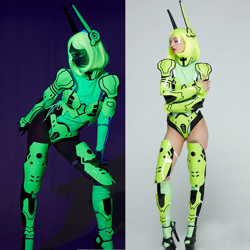 

Fluorescent Green Technology Armor Bodysuit Sexy Pole Dance Clothing Women Gogo Costume Nightclub DJ DS Stage Rave Outfit XS5846