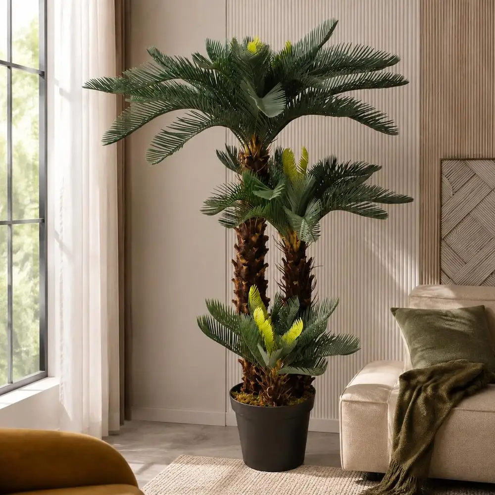 Künstlicher Cycas 125 cm aus Stoff mit Topf, realistische Dekopflanze mit 3 Stielen für den Innenbereich, Wohnzimmer, natürlicher Stil